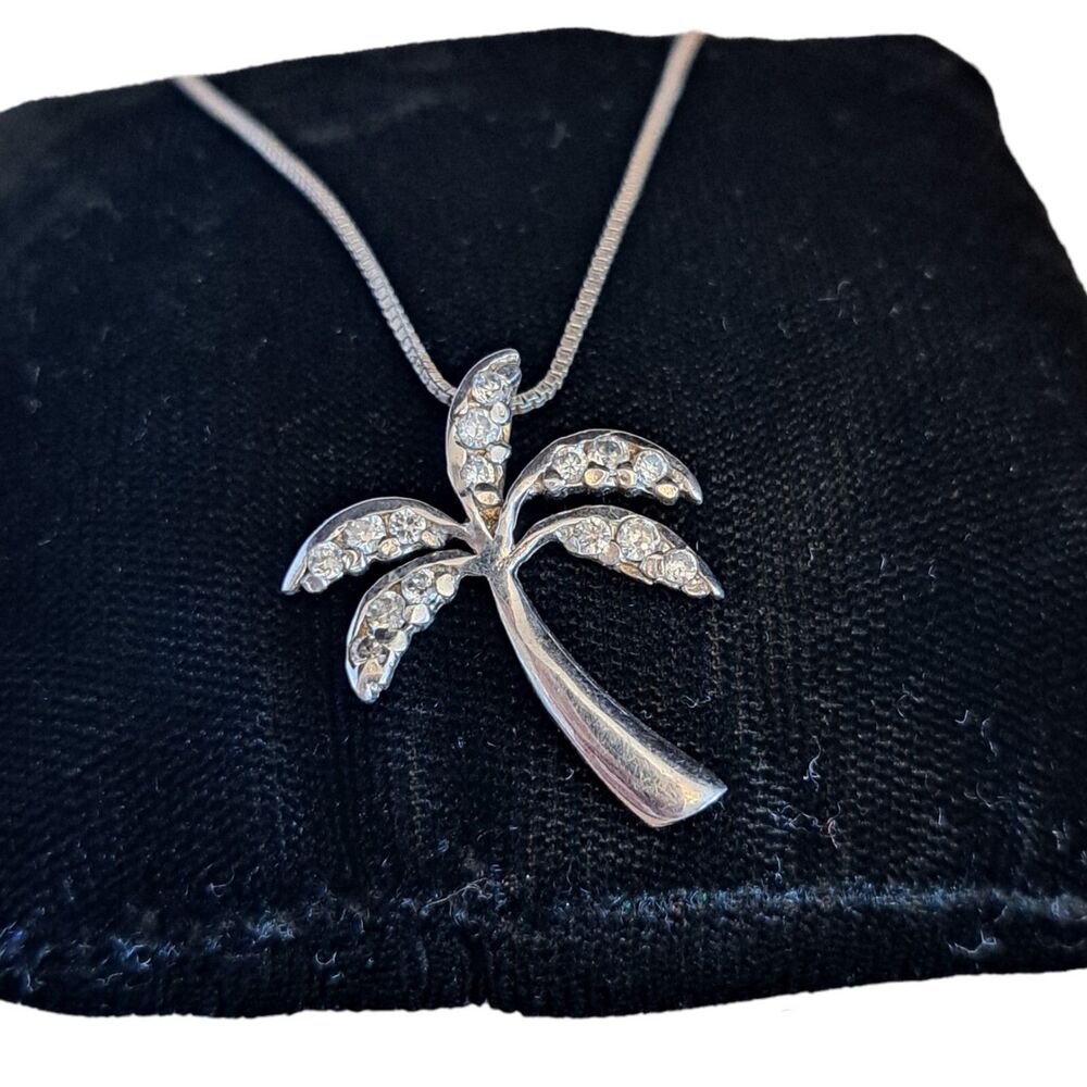 Sterling Silver Palm Tree Pendant 925 On A Chain With Rhinestones